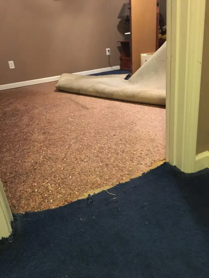 Carpet pad removal revealing water damage during Water Mitigation Services in Salem